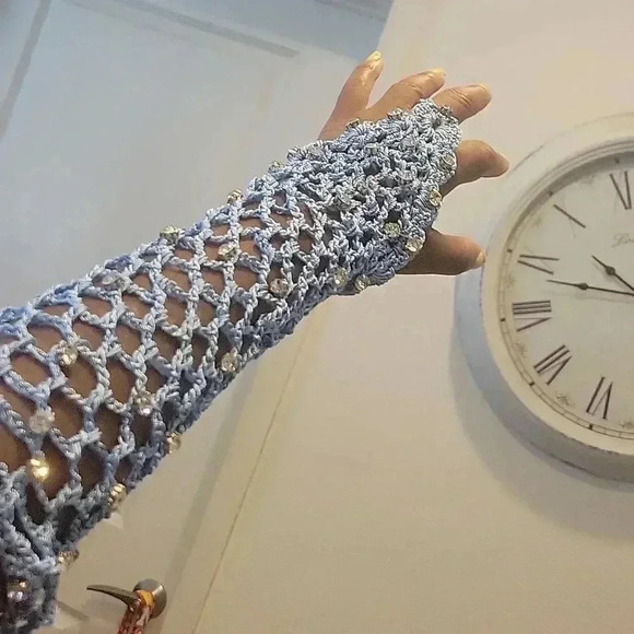 Monica Hansen x Revolve Swimwear Beach Gloves Crochet Mesh Rhinestone Baby Blue - Picture 2 of 12